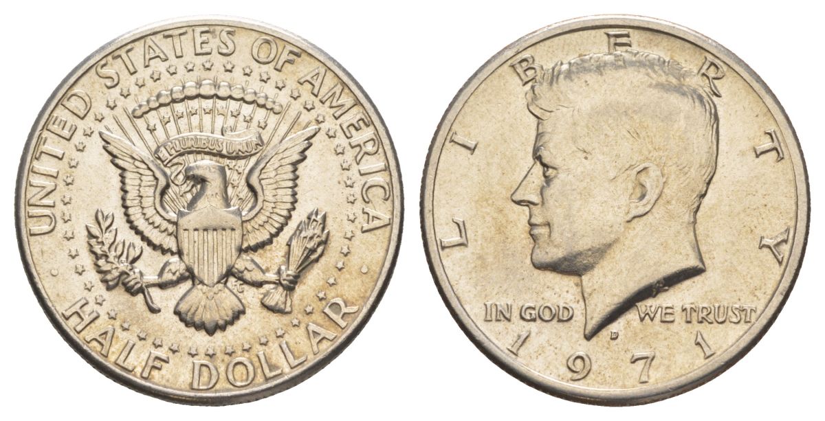 США 1/2 доллара (50 центов) 1971 D, Джон Кеннеди KM 202b медь плакированная медно-никелем aUNC 81-322