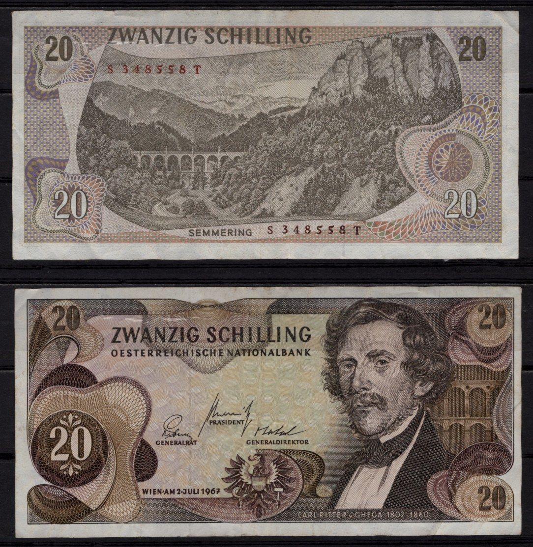 Австрия 20 шиллингов 1967 Карл Риттер фон Гега, железная дорога Земмеринг. Pick 142 бумага 8518-52-3-2