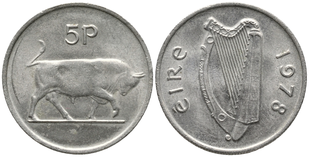 ИРЛАНДИЯ 5 ПЕНСОВ 1978 БЫК KM 22 медно-никель 34-922