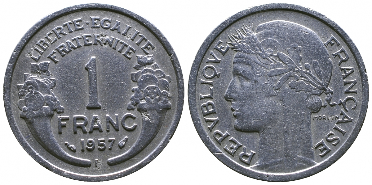 ФРАНЦИЯ 1 ФРАНК 1957 B KM 885a.2 алюминий 4381-515