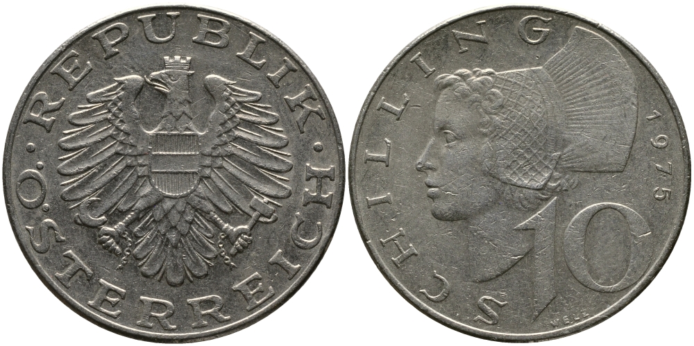 АВСТРИЯ 10 ШИЛЛИНГОВ 1975 KM 2918 никель плакированный медно-никелем 33-653