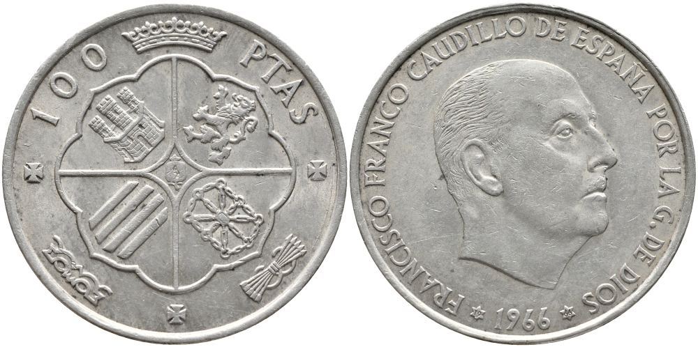 Испания 100 песет 1966 (66) Франсиско Франко (1939-1975) KM 797 серебро 272-622