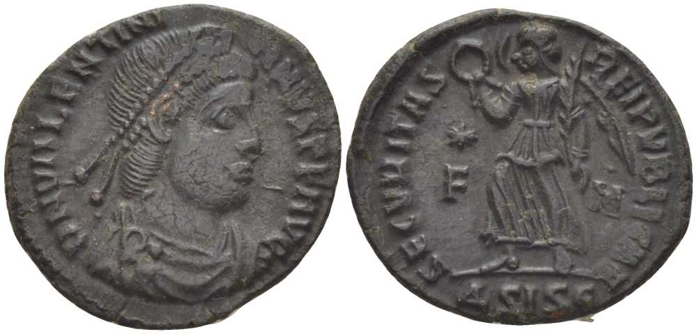 Римская Империя нуммий 367 - 375 Валентиниан I, SECVRITAS REIPVBLICAE, Сисция RIC 15a бронза 1073-17-73