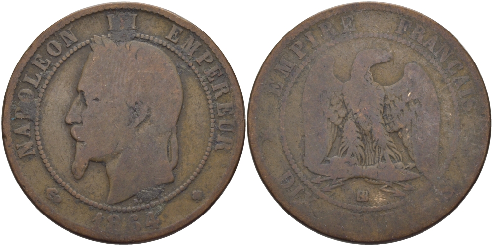 ФРАНЦИЯ 10 САНТИМОВ 1864 BB, НАПОЛЕОН III (1852-1870) KM 798.2, LA FRANC 134.12 бронза 97-1041