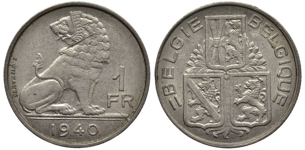 БЕЛЬГИЯ 1 ФРАНК 1940 BELGIE-BELGIQUE, ЛЕОПОЛЬД III (1934-1950) KM 120 никель 27-1011