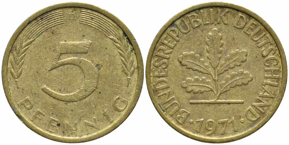 ФРГ 5 ПФЕННИГОВ 1971 D KM 107, J. 382 сталь плакированная латунью 112-148