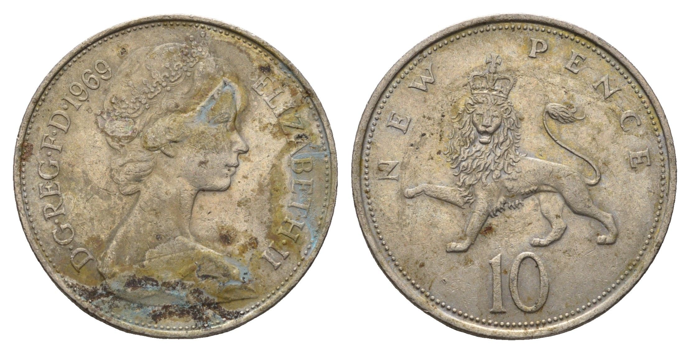 Великобритания 10 пенсов 1969 Елизавета II (1952-2022) KM 912, Spink 4231 (F1) медно-никель 3336-952