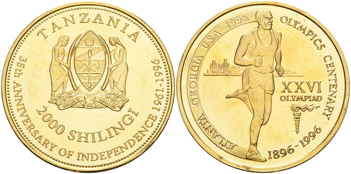 Танзания 2000 шиллингов 1996 XXVI Олимпийские игры 1996 года в Атланте, 100 лет Олимпейскому движению, бег, пробник, гладкий гурт латунь PROOF 04-323-14