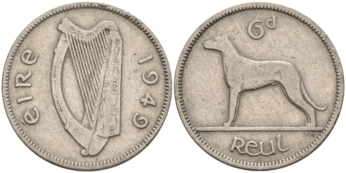 Ирландия 6 пенсов 1949 ирландский волкодав KM 13a медно-никель 4146-441