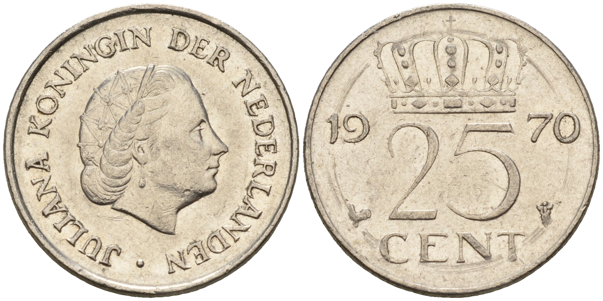 Нидерланды 25 центов 1970 Юлиана (1949-1980) КМ 183 никель    4124-125