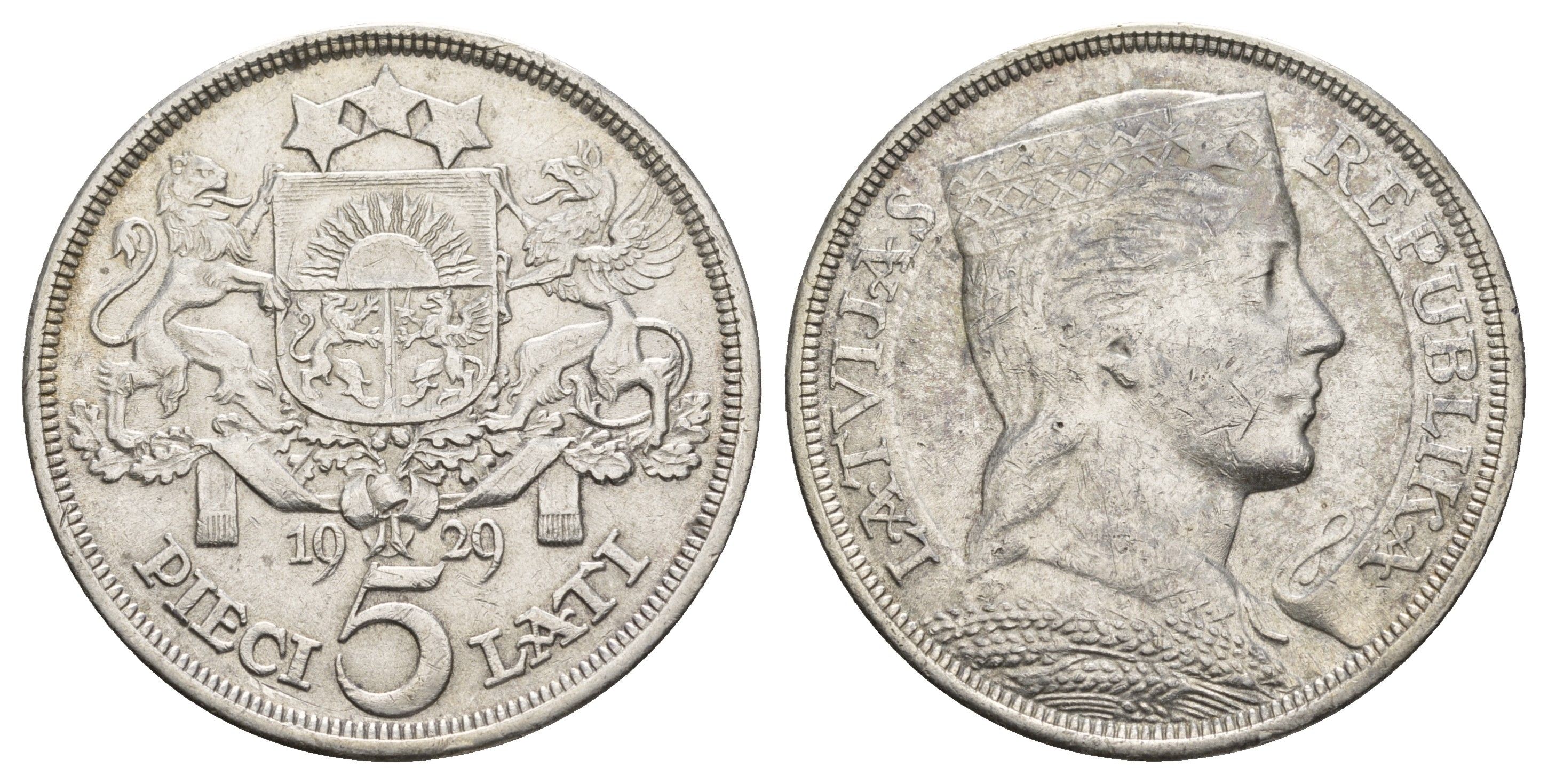 Латвия 5 латов 1929 девушка KM 9 серебро 443-1022