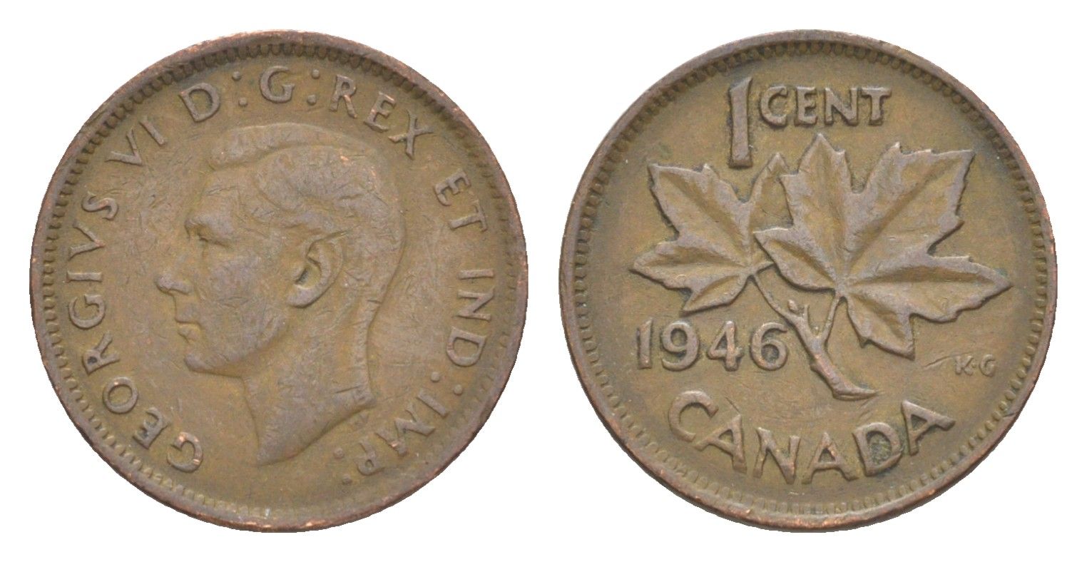 Канада 1 цент 1946 Георг VI (1936-1952), кленовый лист KM 32 бронза 4639-262