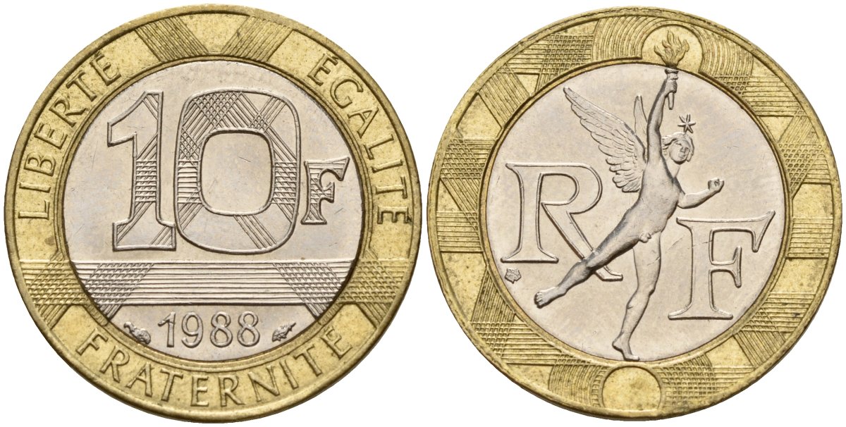 Франция 10 франков 1988 тип гений Бастилии KM 964.1, Le Franc 375.2 биметалл 4597-1134