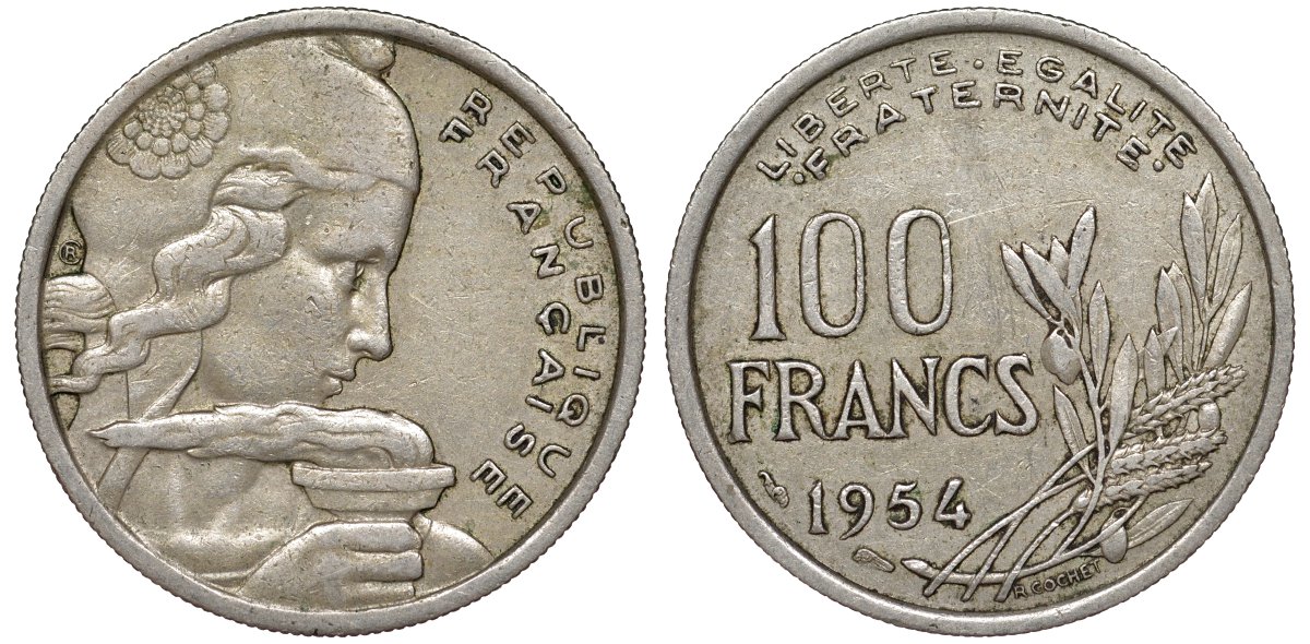 Франция 100 франков 1954 KM 919.1, Le Franc 450.2 медно-никель 51-2825