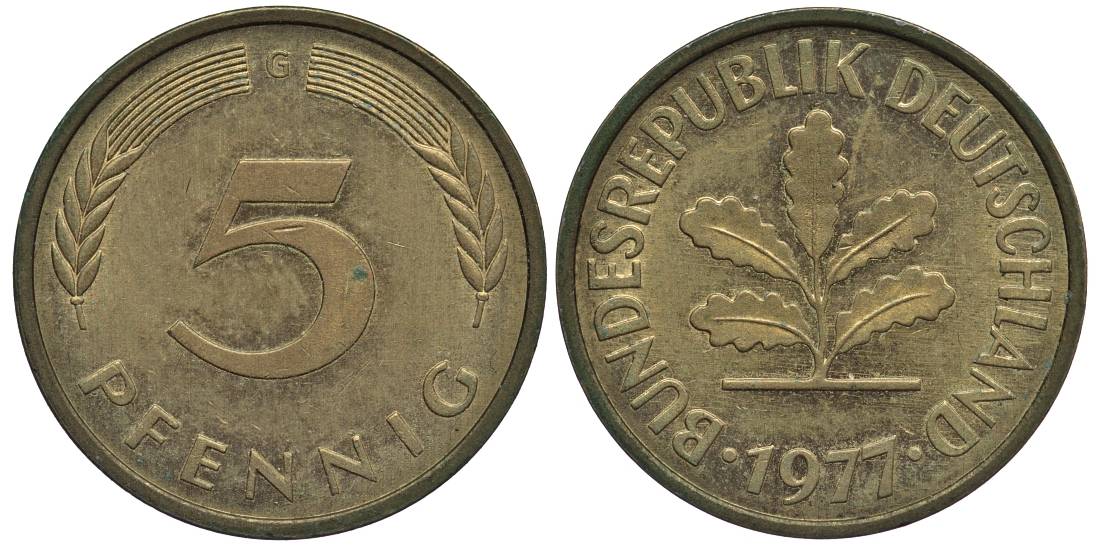 ФРГ 5 ПФЕННИГОВ 1977 G KM 107, Jager 382 сталь плакированная латунью 4547-758