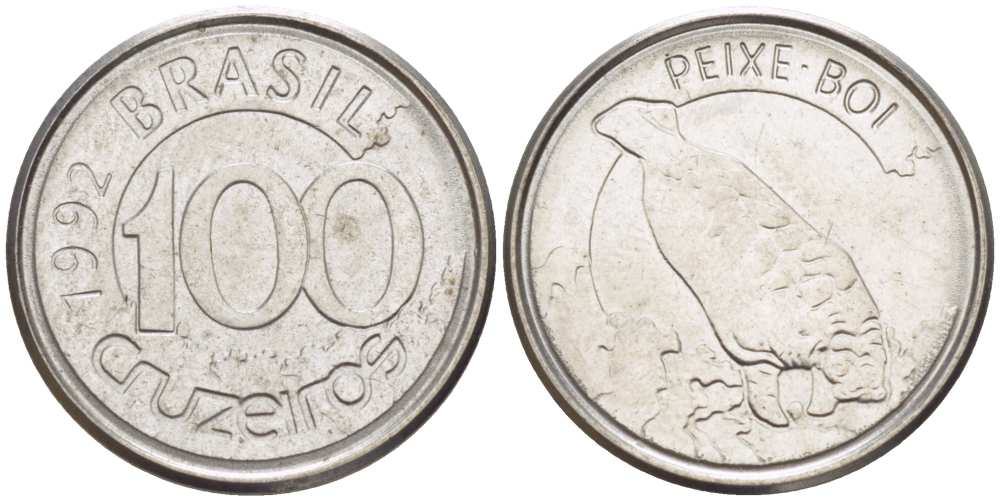 БРАЗИЛИЯ 100 КРУЗЕЙРО 1992 РЕФОРМА 1990-1993, ЛАМАНТИН KM 623 нержавеющая сталь 4392-614