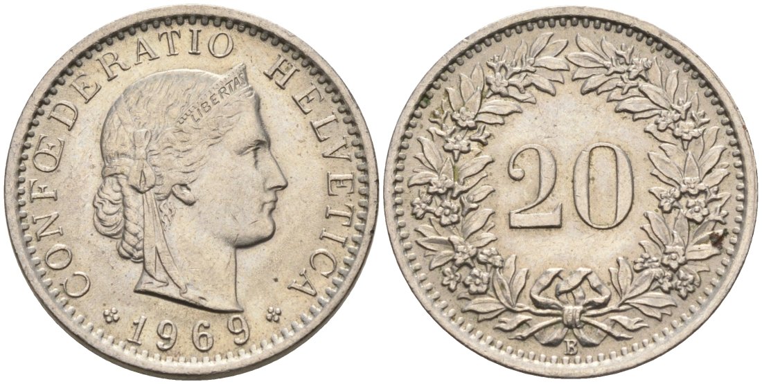 Швейцария 20 раппенов 1969 В KM 29а медно-никель 92-1254