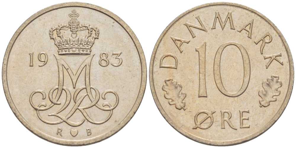 Дания 10 эре 1983 R; B, Маргрете  II (1972-2024) KM 860.3 медно-никель 4387-1236