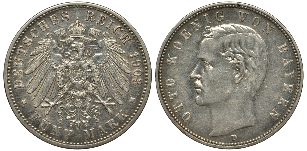 Бавария 5 марок 1903 D, Отто (1886-1913) Weege 47, J. 46, KM 512 серебро 413-5125