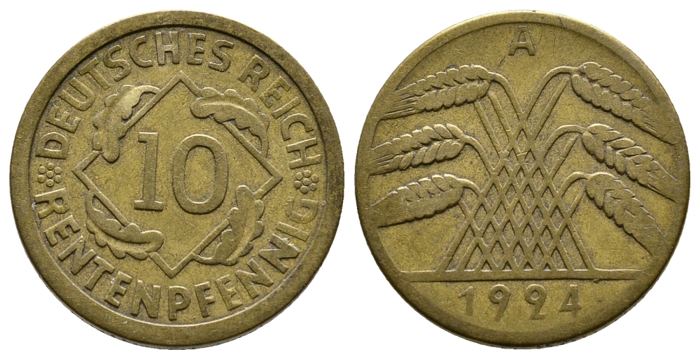 ГЕРМАНИЯ 10 РЕНТЕНПФЕННИГОВ 1924 A KM 33, J. 309, Weege 8 алюминиевая бронза 4380-932