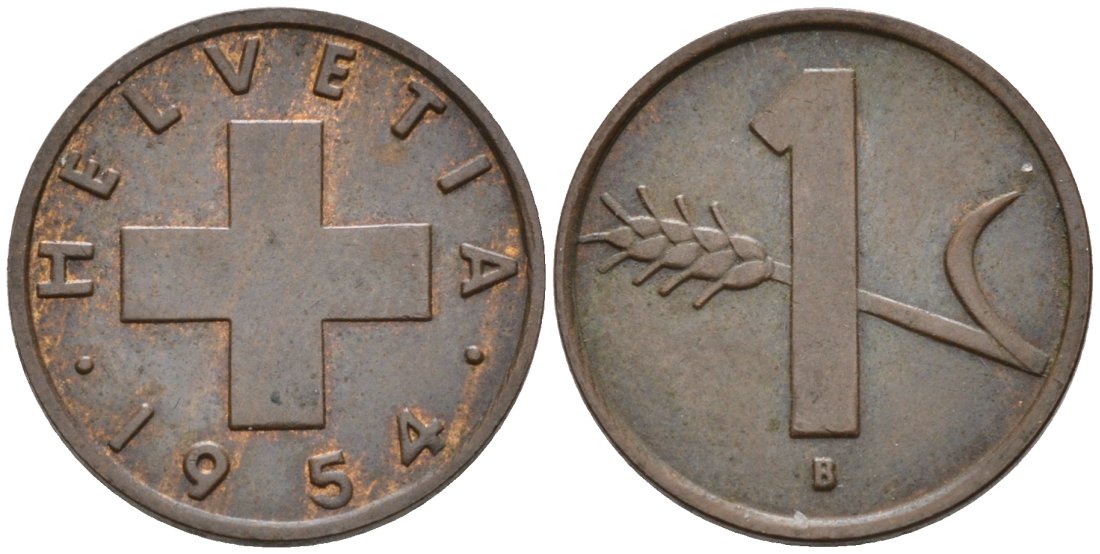 Швейцария 1 раппен 1954 В KM 46 бронза 4564-955