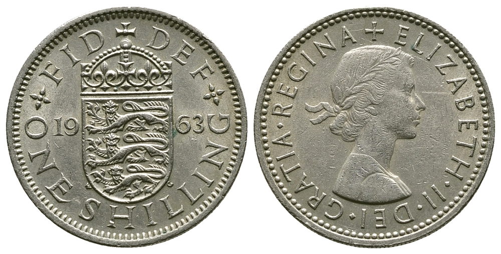Великобритания 1 шиллинг 1963 Елизавета II (1952-2022), Английский герб KM 904, Spink 4147 медно-никель 4384-453