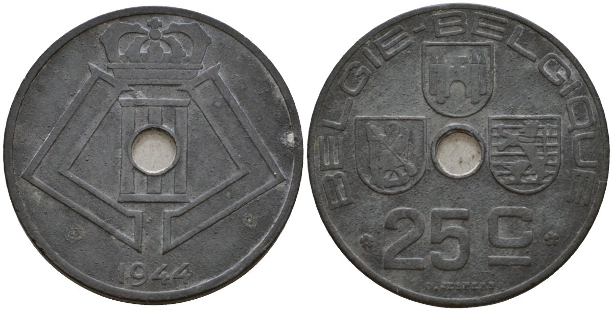 Бельгия 25 сантимов 1944 Belgie - Belgique KM 132 цинк 33-1227