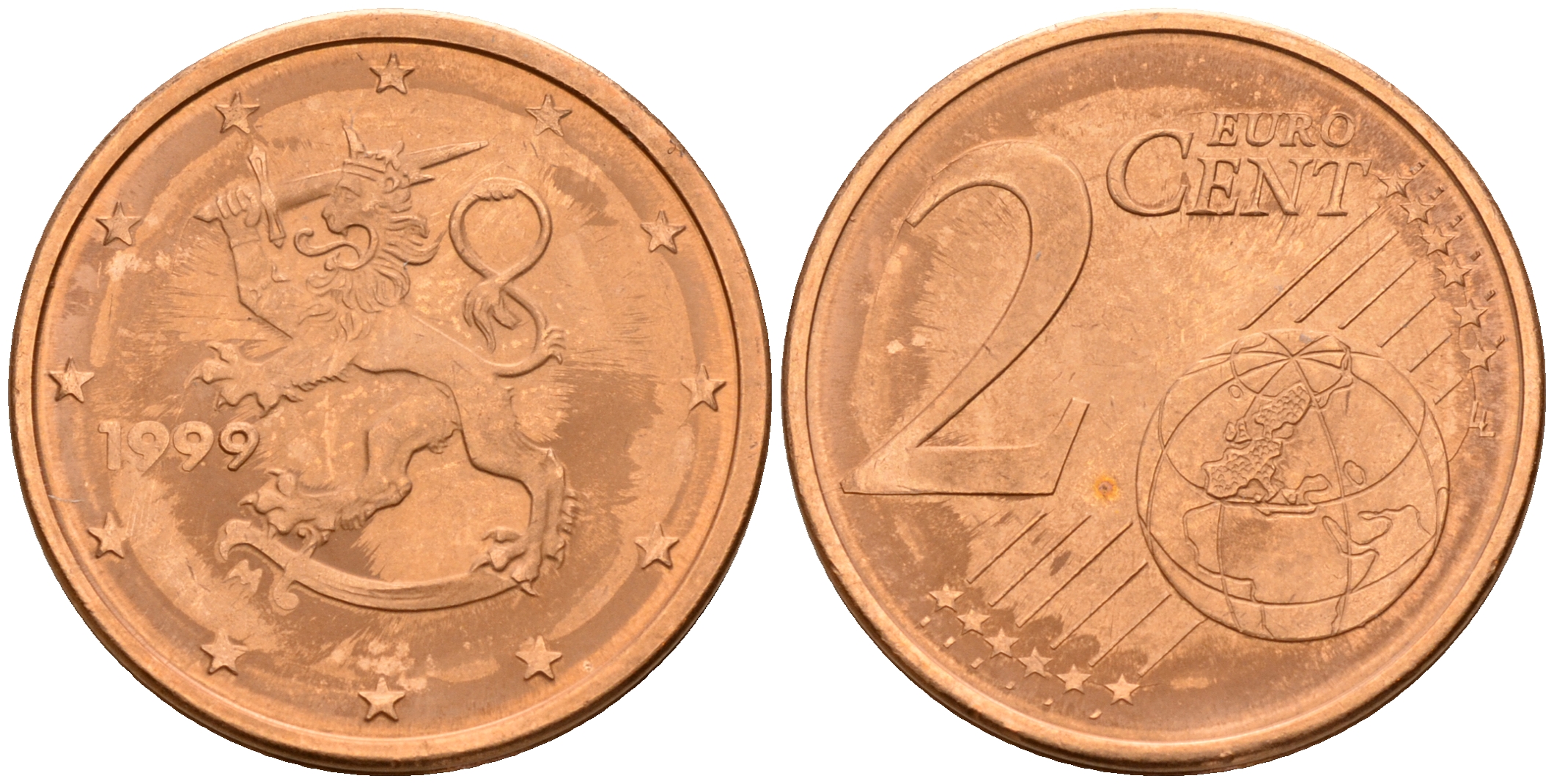 Финляндия 2 евроцента 1999  KM 99 сталь плакированная медью  UNC  4160-359