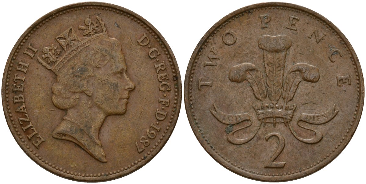 Великобритания 2 пенса 1987 Елизавета II (1952-2022) KM 936, Spink 4376 (C3) бронза 4156-523