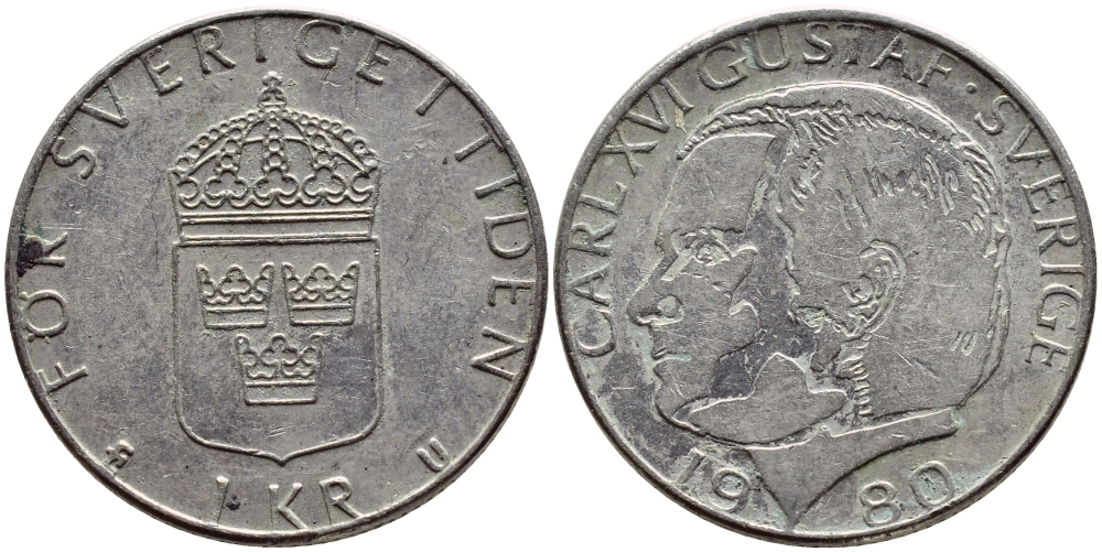 Швеция 1 крона 1980 Карл XVI Густав (1973- ) KM 852 медь плакированная медно-никелем 4397-955