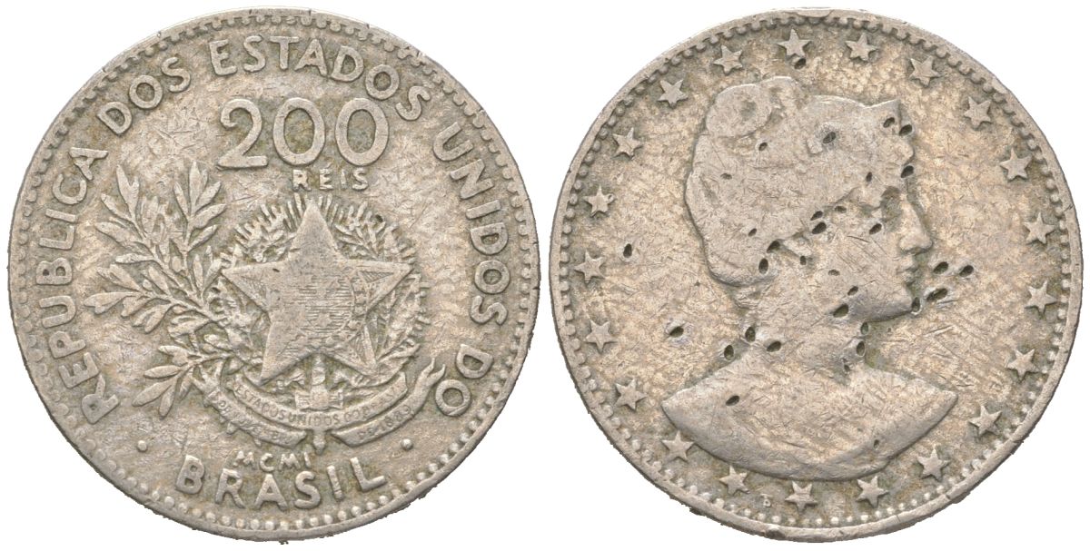 Бразилия 200 реалов 1901 MCMI, голова свободы вправо KM 504 медно-никель 4612-213