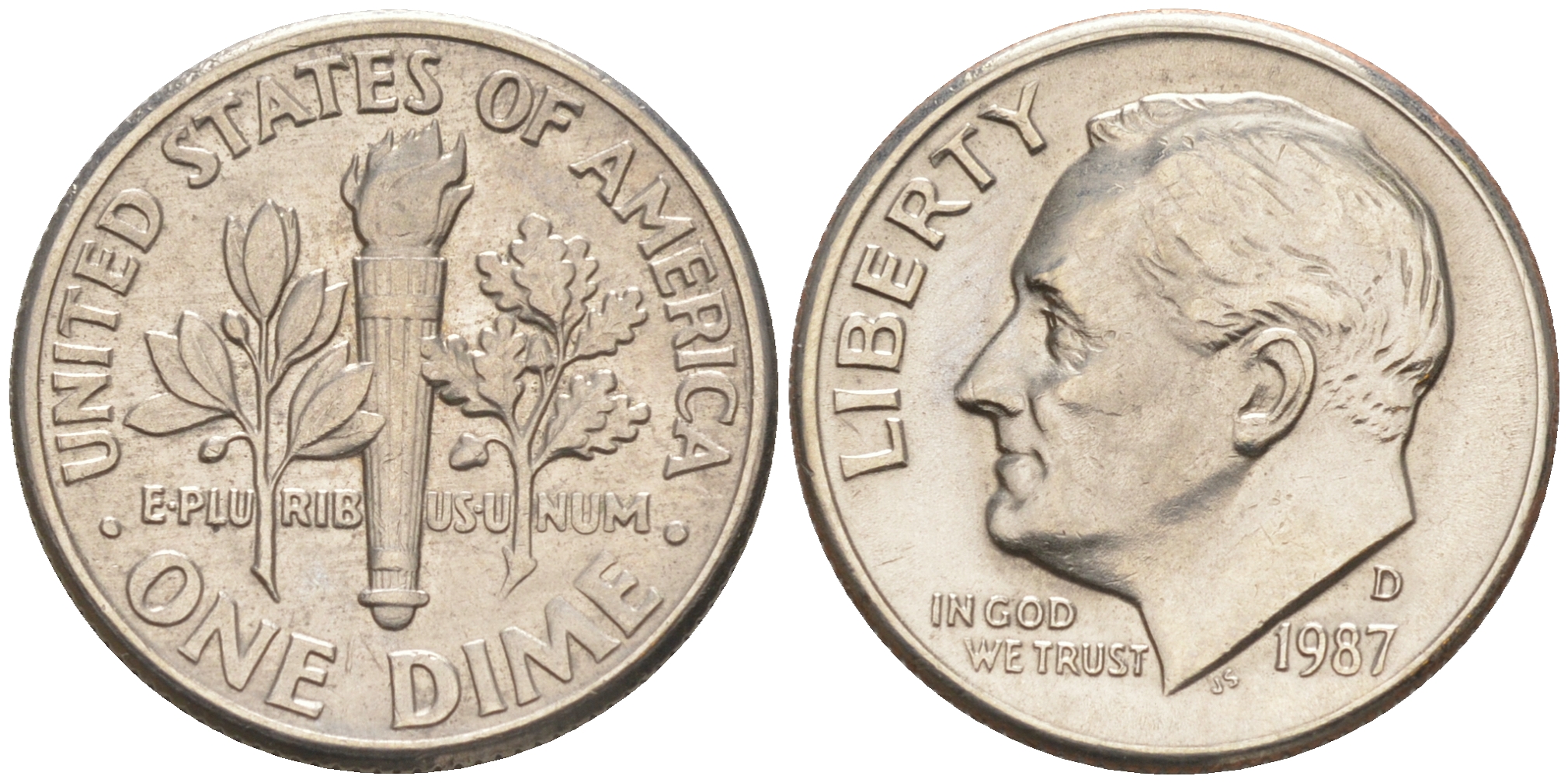 США 10 ЦЕНТОВ = 1 ДАЙМ 1987 D, РУЗВЕЛЬТ KM 195a медь плакированная медно-никелем 188-438