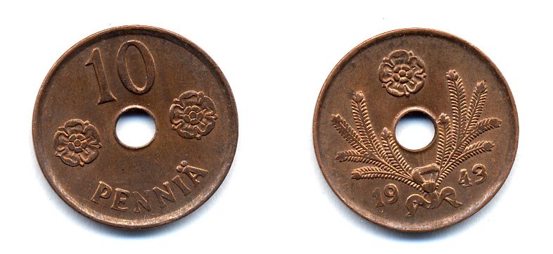 ФИНЛЯНДИЯ 10 ПЕННИ 1943 KM 33.1 медь 51-5033