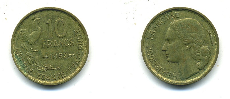 Франция 10 франков 1952 петух KM 915.1, Le Franc 363.4 алюминиевая бронза 84-555