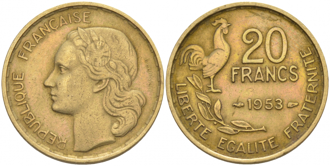 ФРАНЦИЯ 20 ФРАНКОВ 1953 4 PLUMES KM 917.1 алюминиевая бронза 186-412