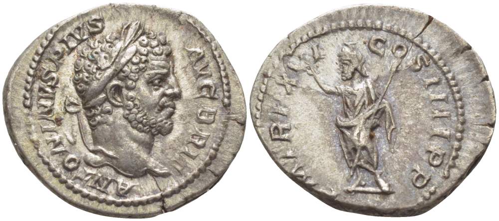 Римская Империя денарий 213 Каракалла, ANTONINVS PIVS AVG BRIT, бюст императора / PM TRP XVI COS IIII PP, Серапис, Рим, 3,40 гр RIC 208a серебро 1073-18-66