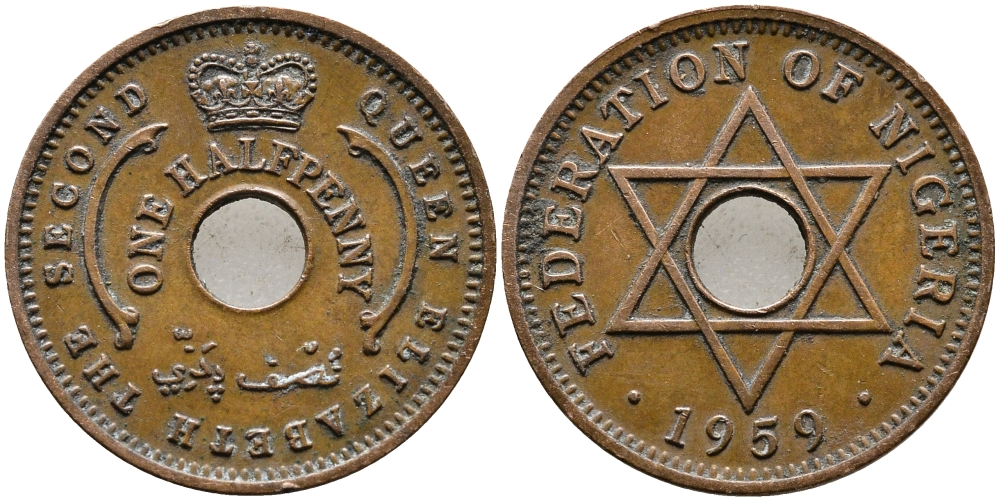 Нигерия 1/2 пенни 1959 Елизавета II (1952-), Британский протекторат KM 1 бронза 4387-432