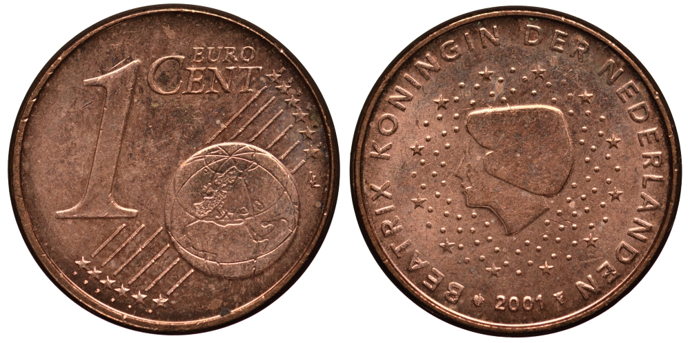Нидерланды 1 евроцент 2001 Беатрикс (1980-2013) KM 234 сталь плакированная медью 4181-137