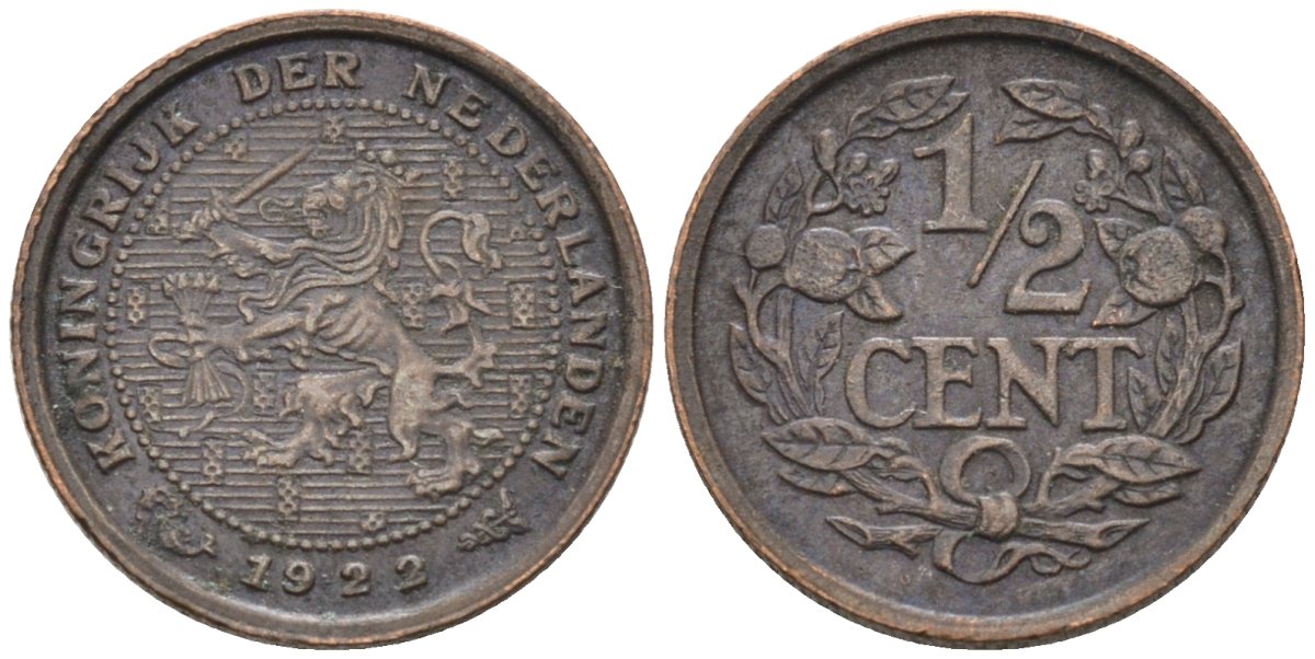Нидерланды 1/2 цента 1922 Вильгельмина (1890-1948) KM 138 бронза 4576-432