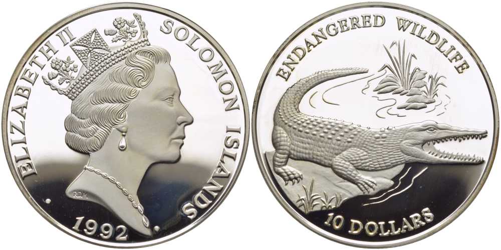 Соломоновы острова 10 долларов 1992 серия исчезающие виды животных, морской, гребнистый крокодил KM 51 серебро PROOF 1078-7-23
