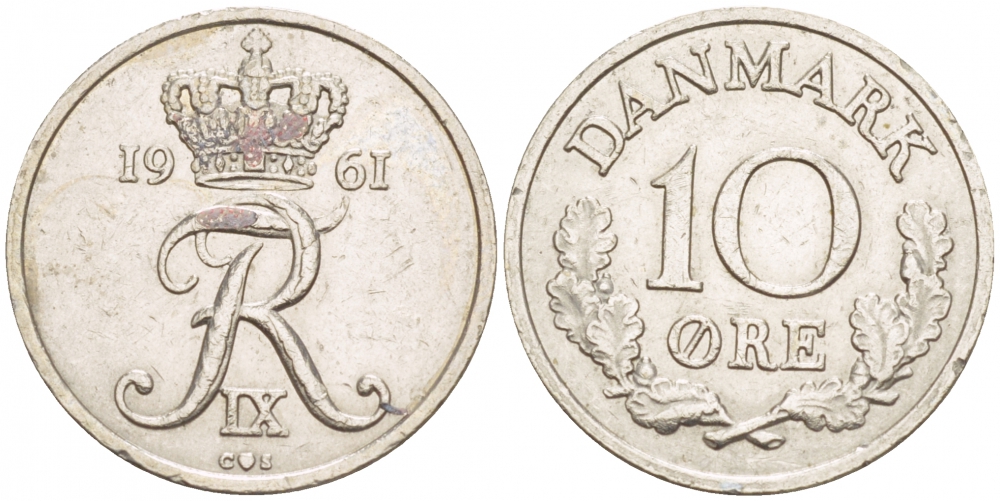 ДАНИЯ 10 ЭРЕ 1961 C; S, ФРЕДЕРИК IX (1947-1972) KM 849.1 медно-никель 4547-1019
