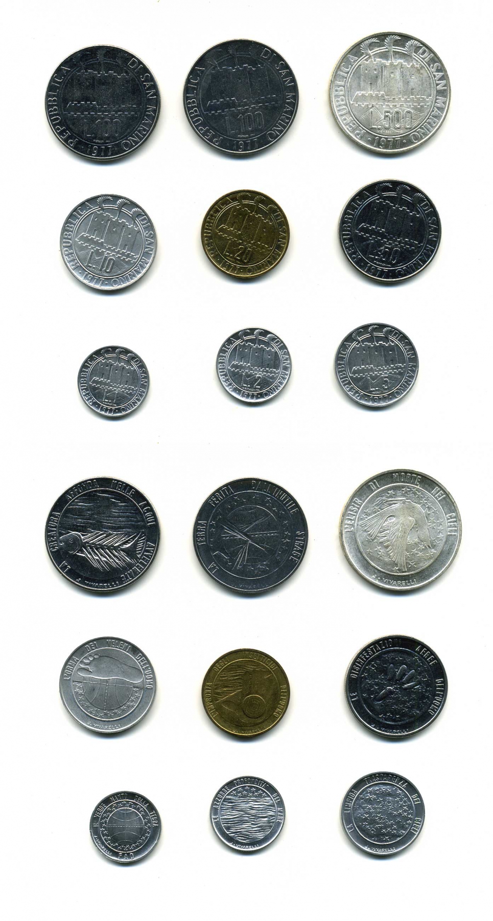 Сан-Марино набор из 9 монет 1977 1, 2, 5, 10, 20, 50, 100, 100 и 500 лир стилизованная перевернутая вверх ногами птица над звездами в круге KM 63-71 серебро N5-13