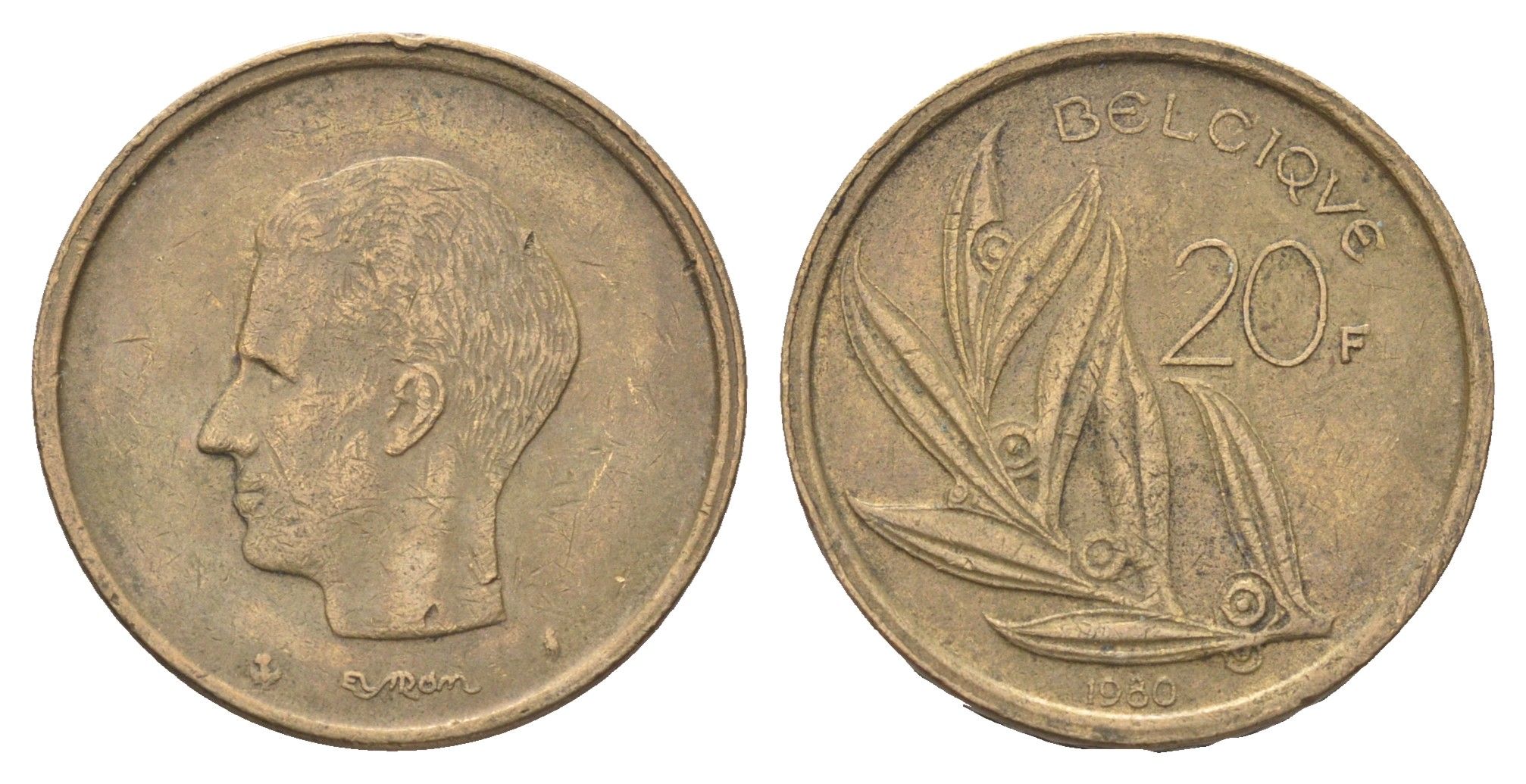 Бельгия 20 франков 1980 Belgique, Бодуэн I (1951-1993) KM 159 никель латунь 4704-1154