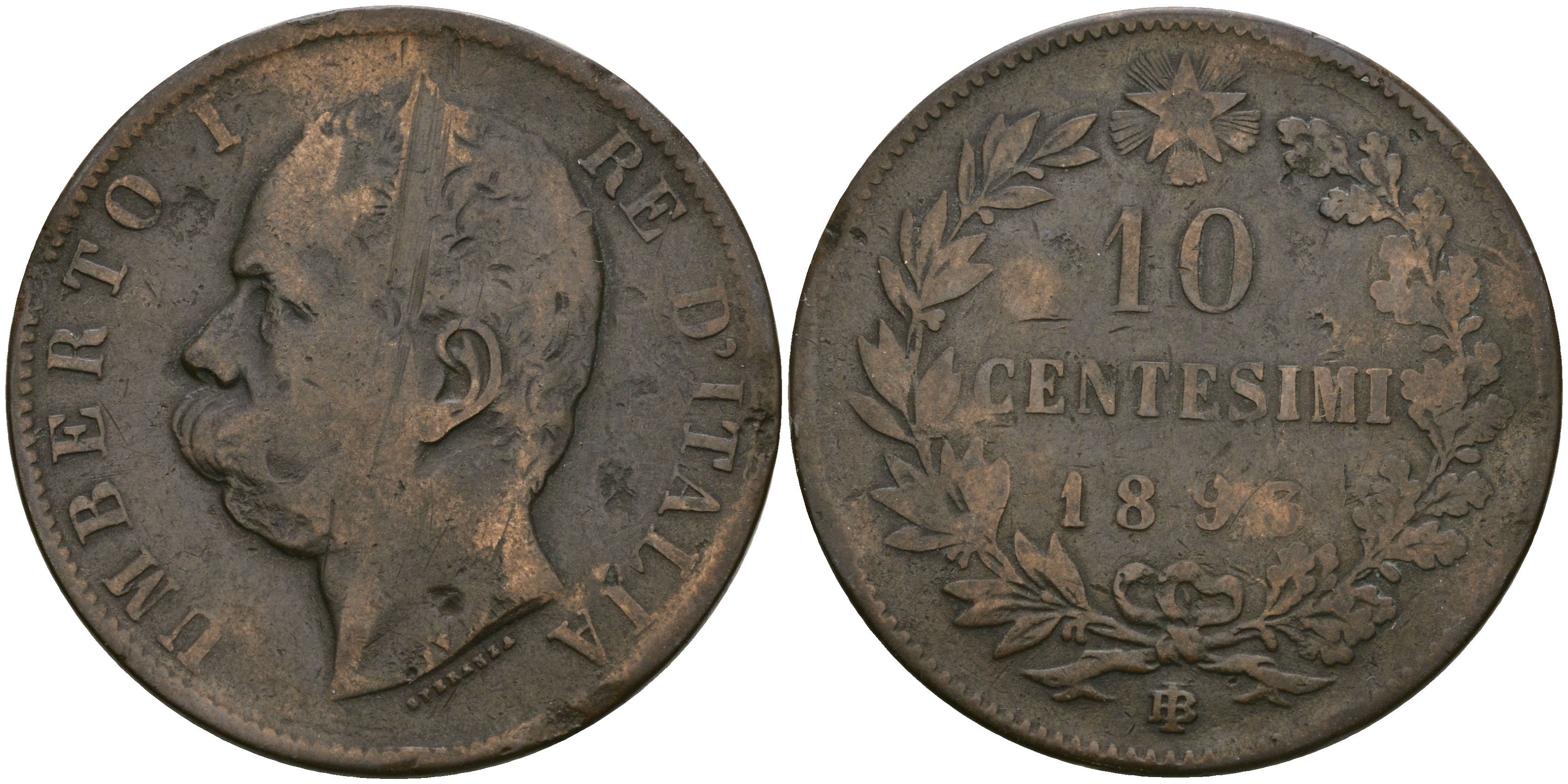 ИТАЛИЯ 10 ЧЕНТЕЗИМО 1893 B/I, УМБЕРТО I (1878-1900) KM 27.1 медь 08-1212