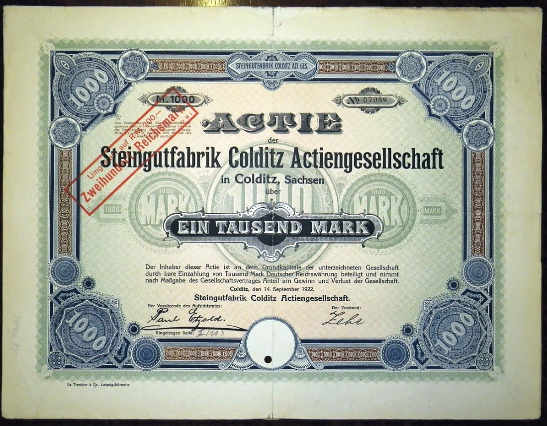 Германия акция в 1000 марок 1922 Фаянсовая фабрика Кольдиц АО в Кольдице, Саксония, Steingutfabrik Colditz AG in Colditz, Sachsen бумага 5553-22