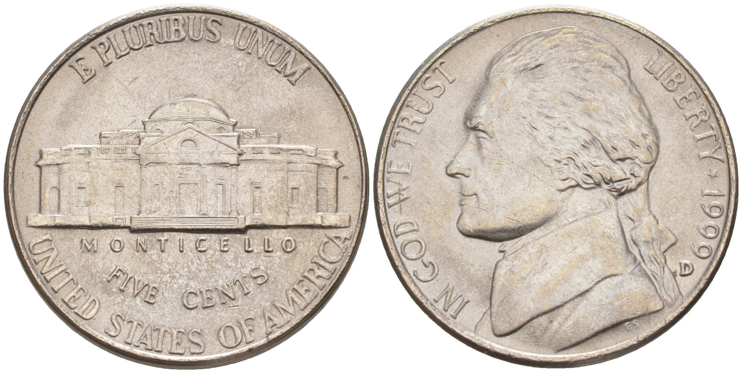 США 5 ЦЕНТОВ 1999 D ДЖЕФФЕРСОН KM A192 медно-никель 190-223