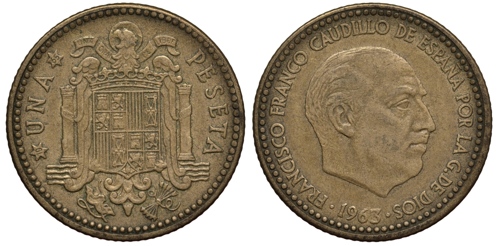 ИСПАНИЯ 1 ПЕСЕТА 1963 (65) ФРАНСИСКО ФРАНКО ДИКТАТОР ИСПАНИИ (1939-1975) KM 775 алюминиевая бронза 4182-237