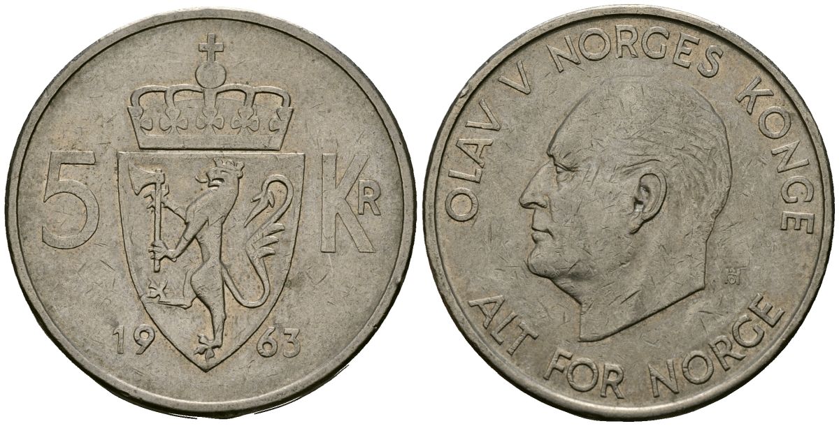 Норвегия 5 крон 1963 Улаф V (1958-1991) KM 412 медно-никель 4389-914