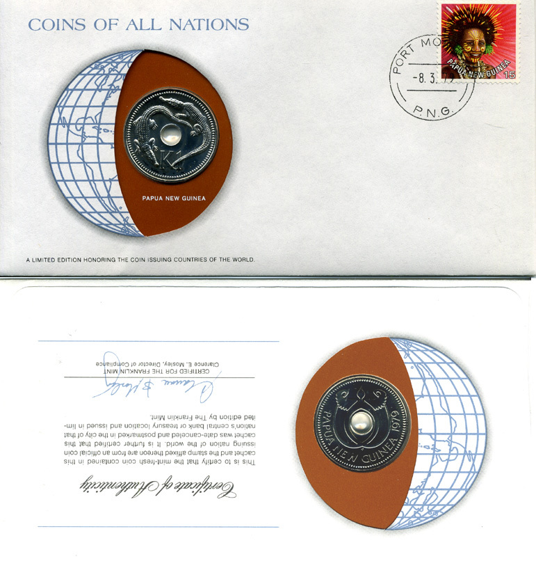 Папуа-Новая Гвинея 1 кина 1979 конверт с маркой первого дня гашения, Coins of Nations KM 6 медно-никель UNC 4294-18-3