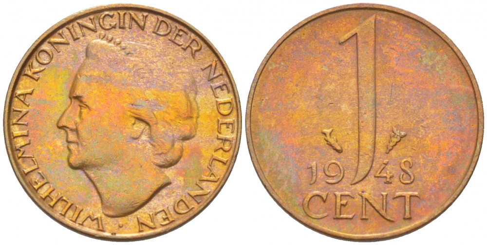 Нидерланды 1 цент 1948 Вильгельмина (1890-1948), год тип KM 175 бронза aUNC 214-743